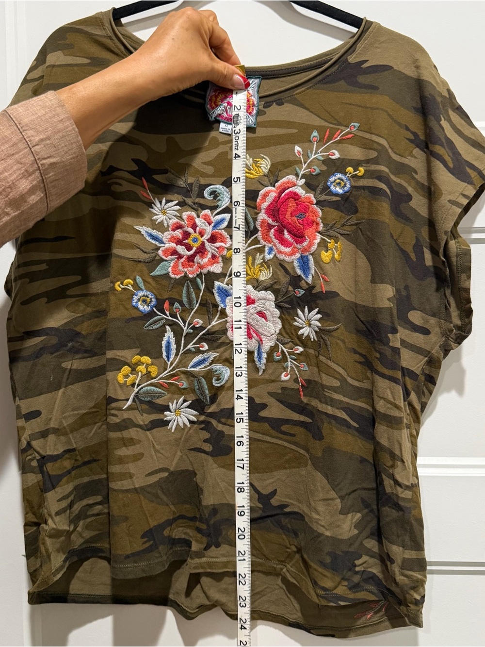 Johnny Was Floral Embroidered Camo Women's Tee - Olive Green - Picture 6 of 6